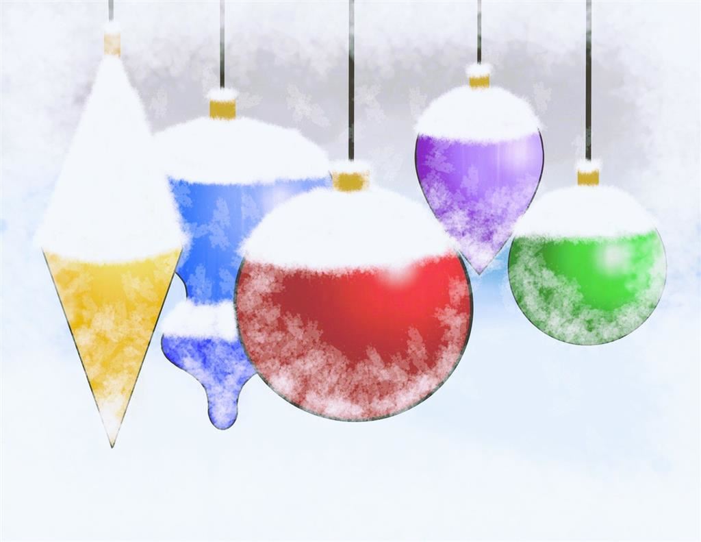 Winter scene of five holiday ornaments of different colors hanging against a snowy backdrop.